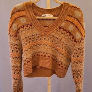 Zara Brown and Orange V-Neck Sweater